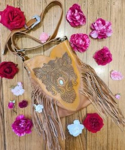 CELESTIAL GYPSY Boho Leather Owl Cross Body Bag - Tan