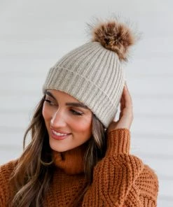 Love & Stitch Pom Pom Ribbed Beanie - Grey Knit Top