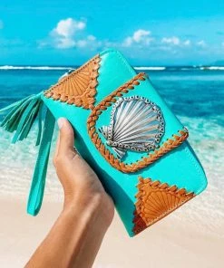 MAHIYA Sea Shells Leather Purse - Turquoise Boho Leather