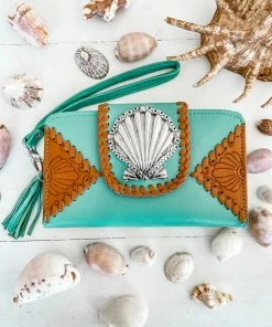 MAHIYA Sea Shells Leather Purse - Turquoise Boho Leather