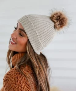 Love & Stitch Pom Pom Ribbed Beanie - Grey Knit Top