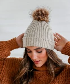 Love & Stitch Pom Pom Ribbed Beanie - Grey Knit Top